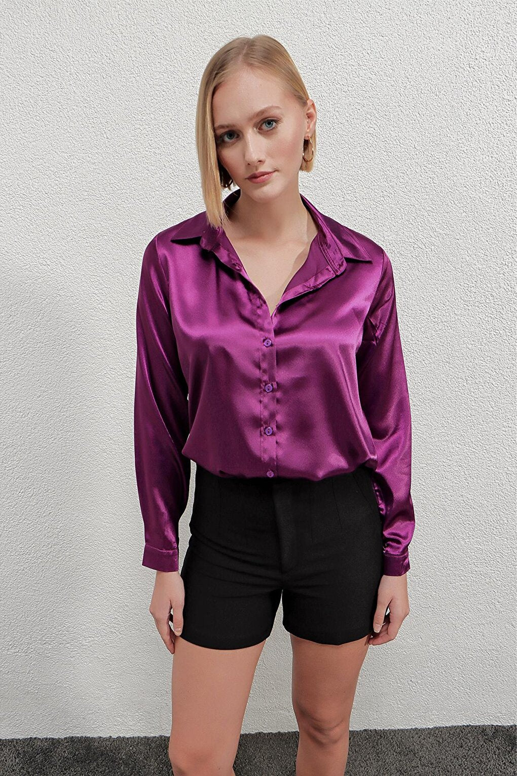 Women's Purple Lightly Draped Satin Surface Shirt Hzl22w-bd139641