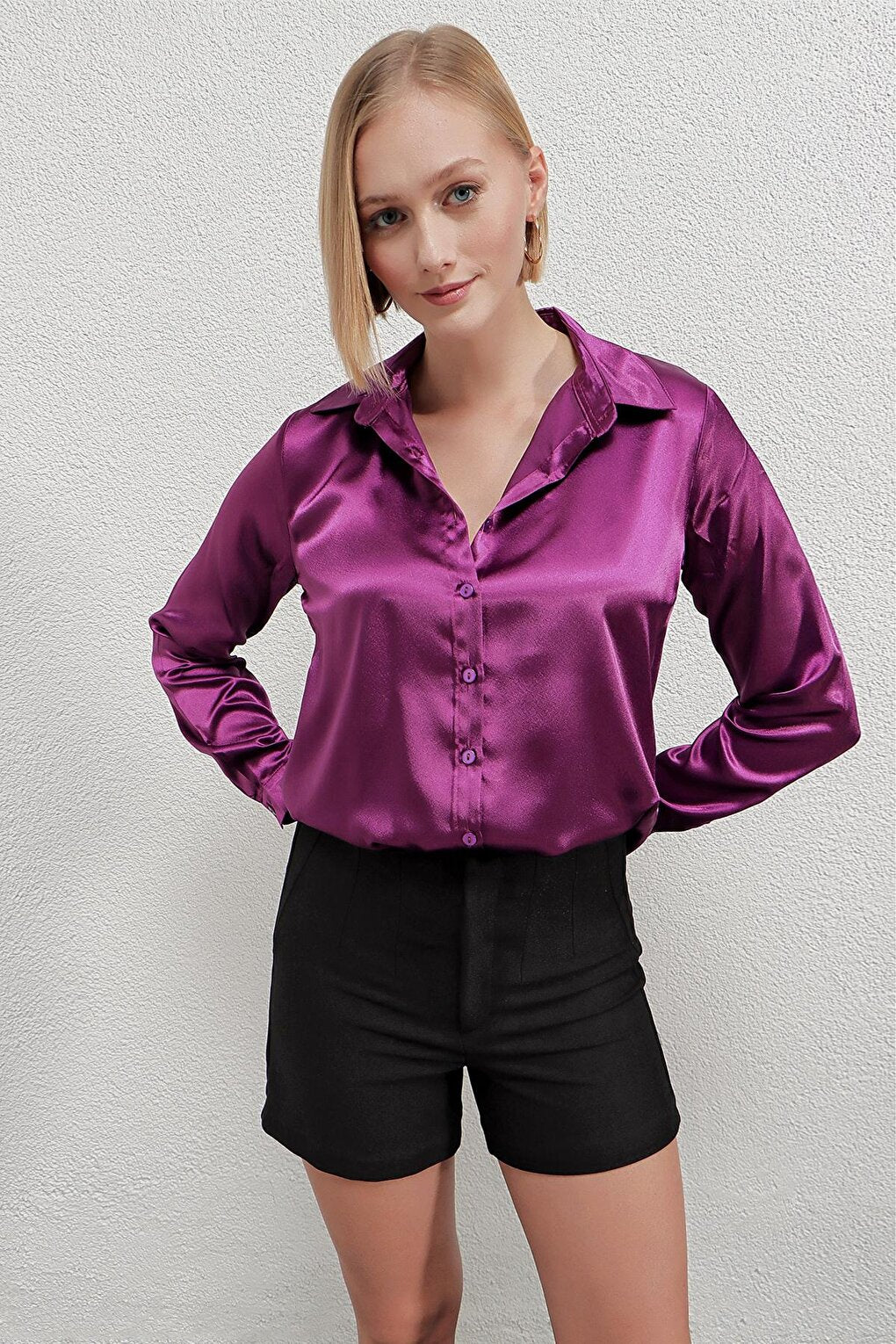 Women's Purple Lightly Draped Satin Surface Shirt Hzl22w-bd139641