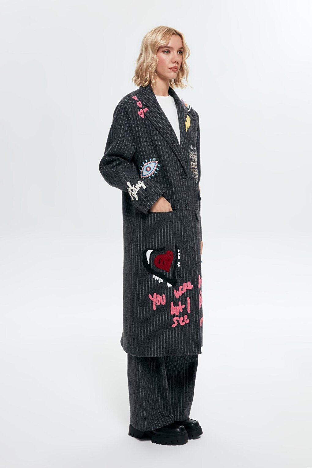 Striped Embroidery Detailed Coat Anthracite