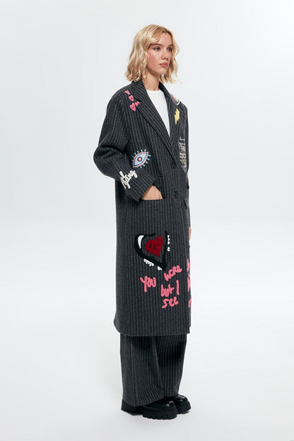 Striped Embroidery Detailed Coat Anthracite