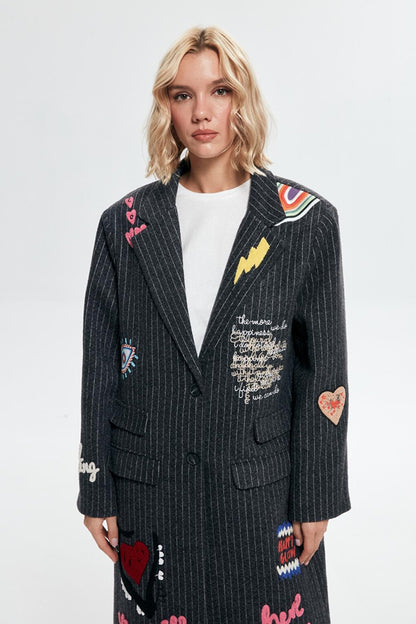 Striped Embroidery Detailed Coat Anthracite