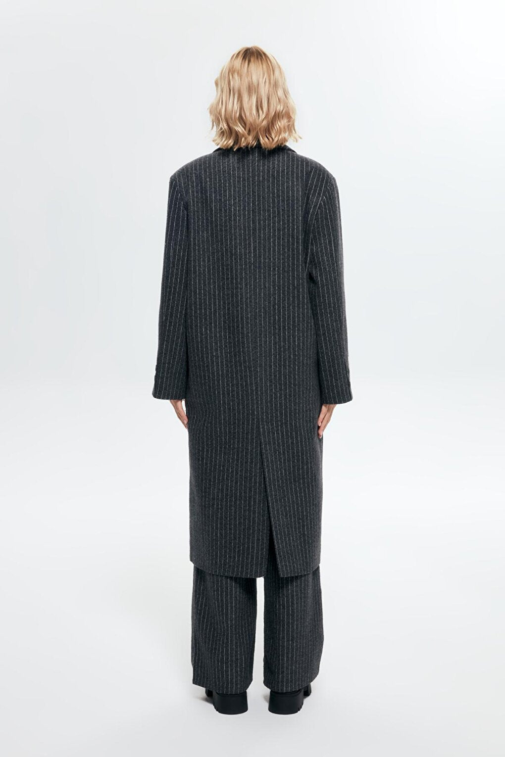 Striped Embroidery Detailed Coat Anthracite