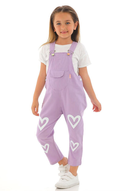 Girl's Lilac Colored Heart Printed Kangaroo Pocket Salopet