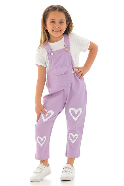 Girl's Lilac Colored Heart Printed Kangaroo Pocket Salopet