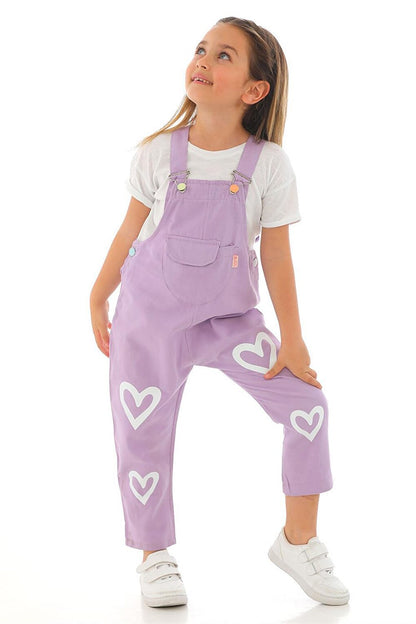 Girl's Lilac Colored Heart Printed Kangaroo Pocket Salopet