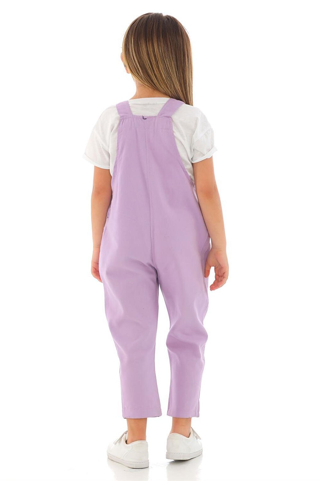 Girl's Lilac Colored Heart Printed Kangaroo Pocket Salopet