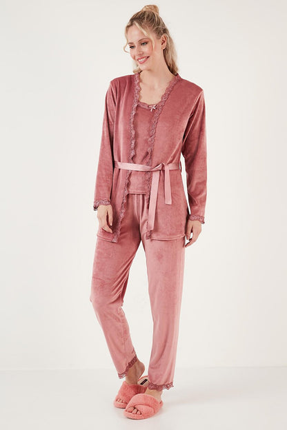 Regular Fit Lace Soft Textured Velvet Pajama Set with Dressing Gown 6095545