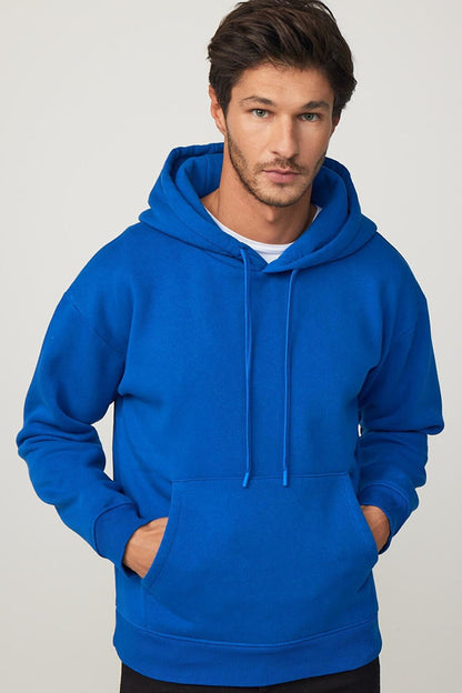 Oversize Cotton Hooded Basic Unisex Saks Blue Hoodie