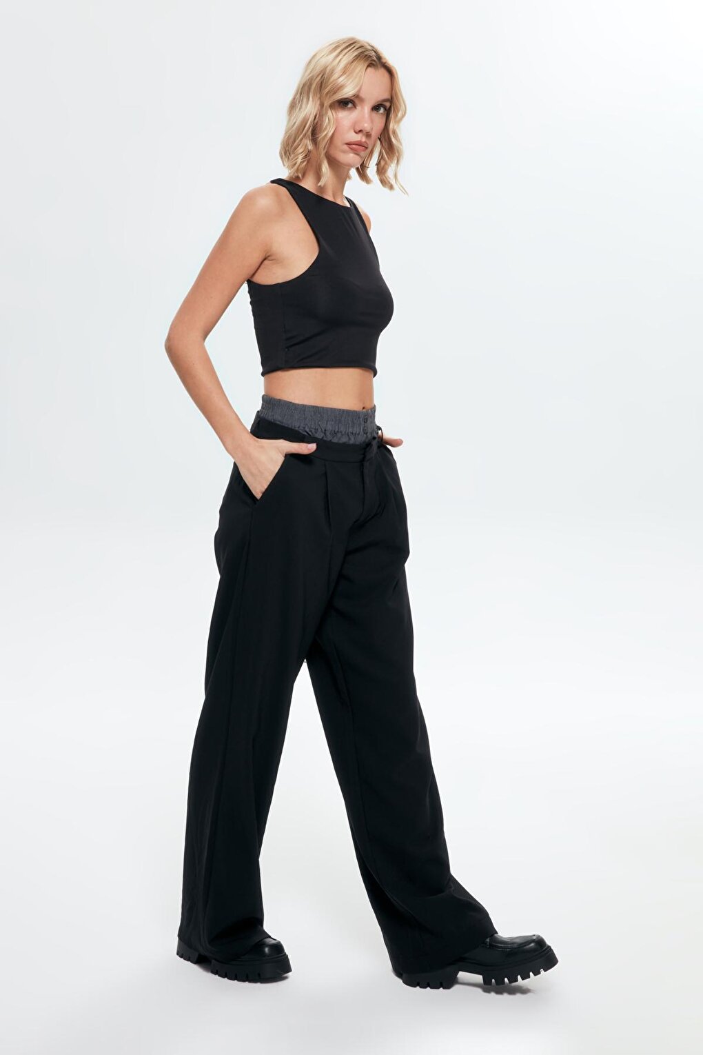 Boxer Detailed Palazzo Trousers Black