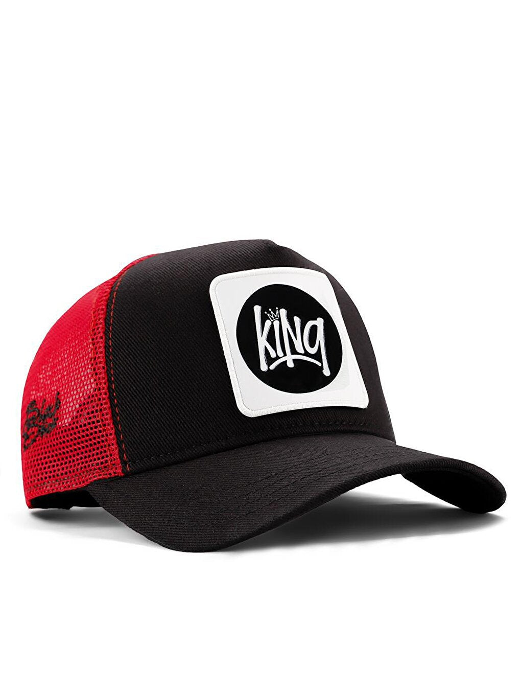 V1 Trucker King - 1 Unisex Black-Red Hat (Cap) with Code Logo