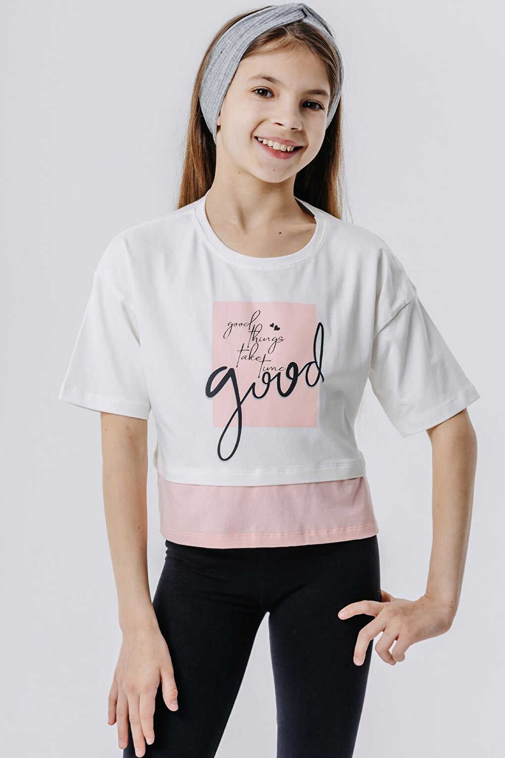 Girl's Crop T-Shirt, Printed with Side Slits, Ecru (Ages 9-14)