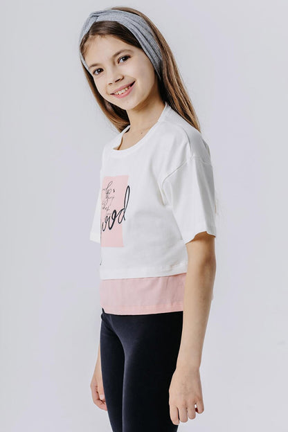 Girl's Crop T-Shirt, Printed with Side Slits, Ecru (Ages 9-14)