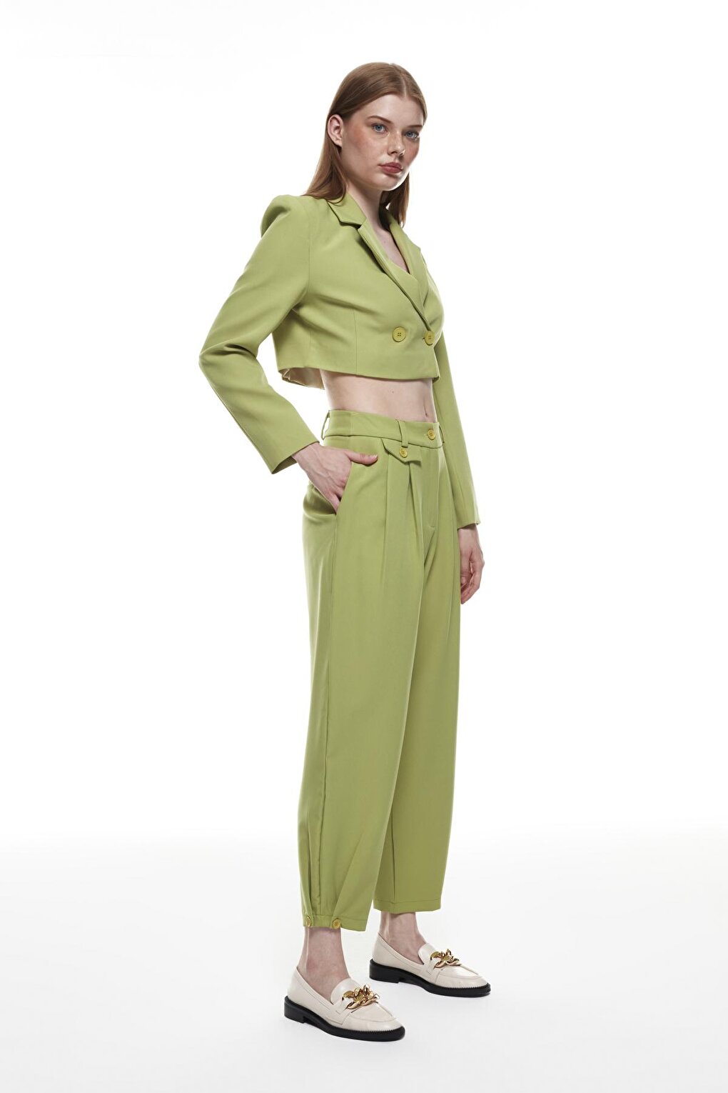 Button Detailed High Waist Trousers Olive