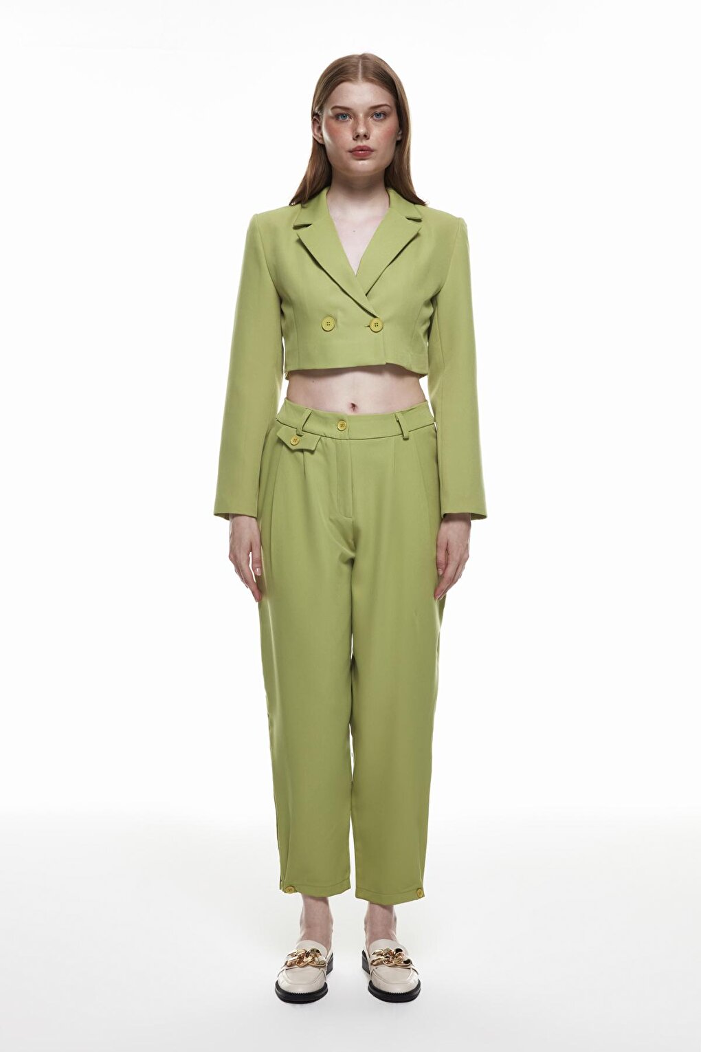 Button Detailed High Waist Trousers Olive