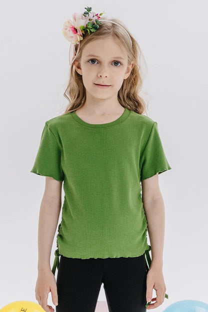 Girl's T-Shirt with Gathered Sides, Khaki Green (Ages 8-14)