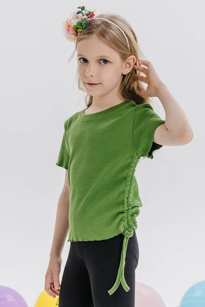 Girl's T-Shirt with Gathered Sides, Khaki Green (Ages 8-14)