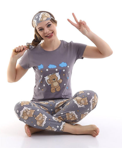 Gray Sleep Striped Teddy Bear Printed Women's Short Sleeve Pajama Set