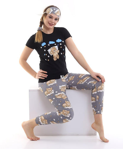 Black Sleep Striped Teddy Bear Printed Women's Short Sleeve Pajama Set