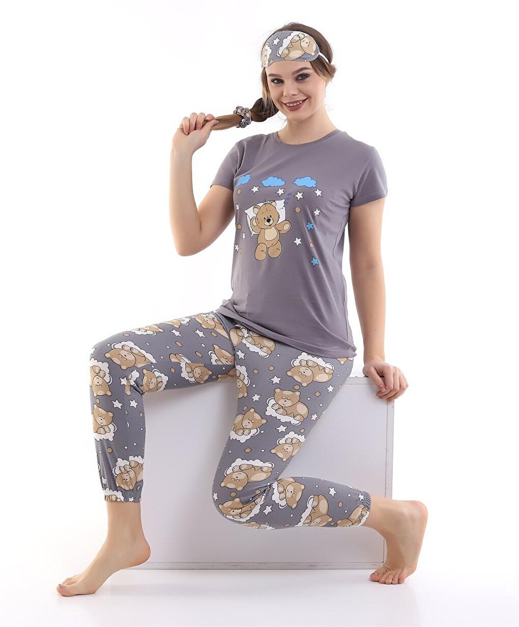 Gray Sleep Striped Teddy Bear Printed Women's Short Sleeve Pajama Set