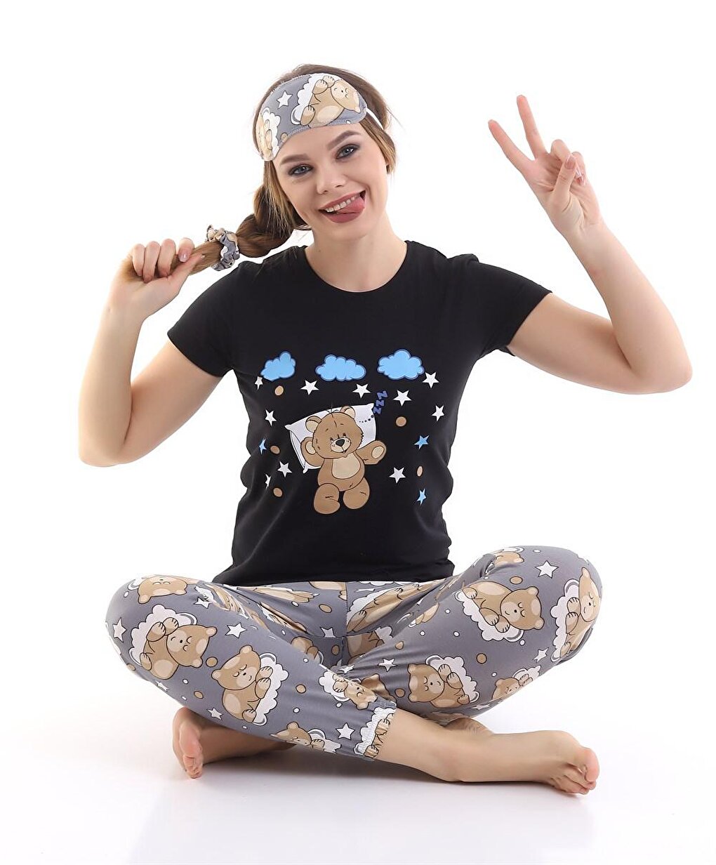 Black Sleep Striped Teddy Bear Printed Women's Short Sleeve Pajama Set