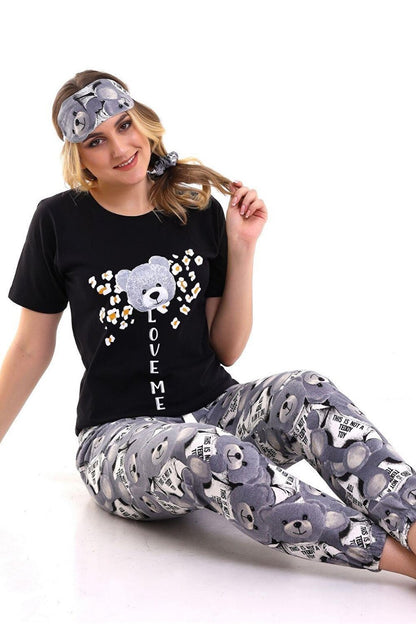 Black Sleep Banded Teddy Bear Daisy Printed Women's Short Sleeve Pajama Set