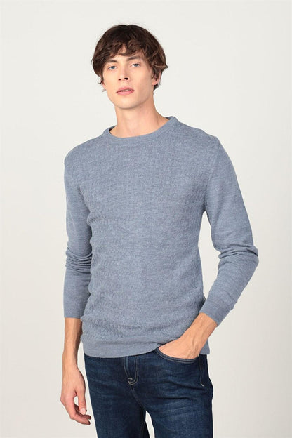 Slim Fit Crew Neck Self-Patterned Men's Indigo Sweater