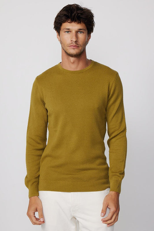 Slim Fit Crew Neck Honeycomb Pattern Green Men's Sweater