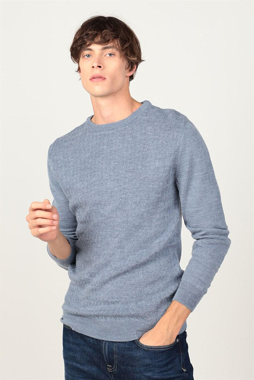 Slim Fit Crew Neck Self-Patterned Men's Indigo Sweater