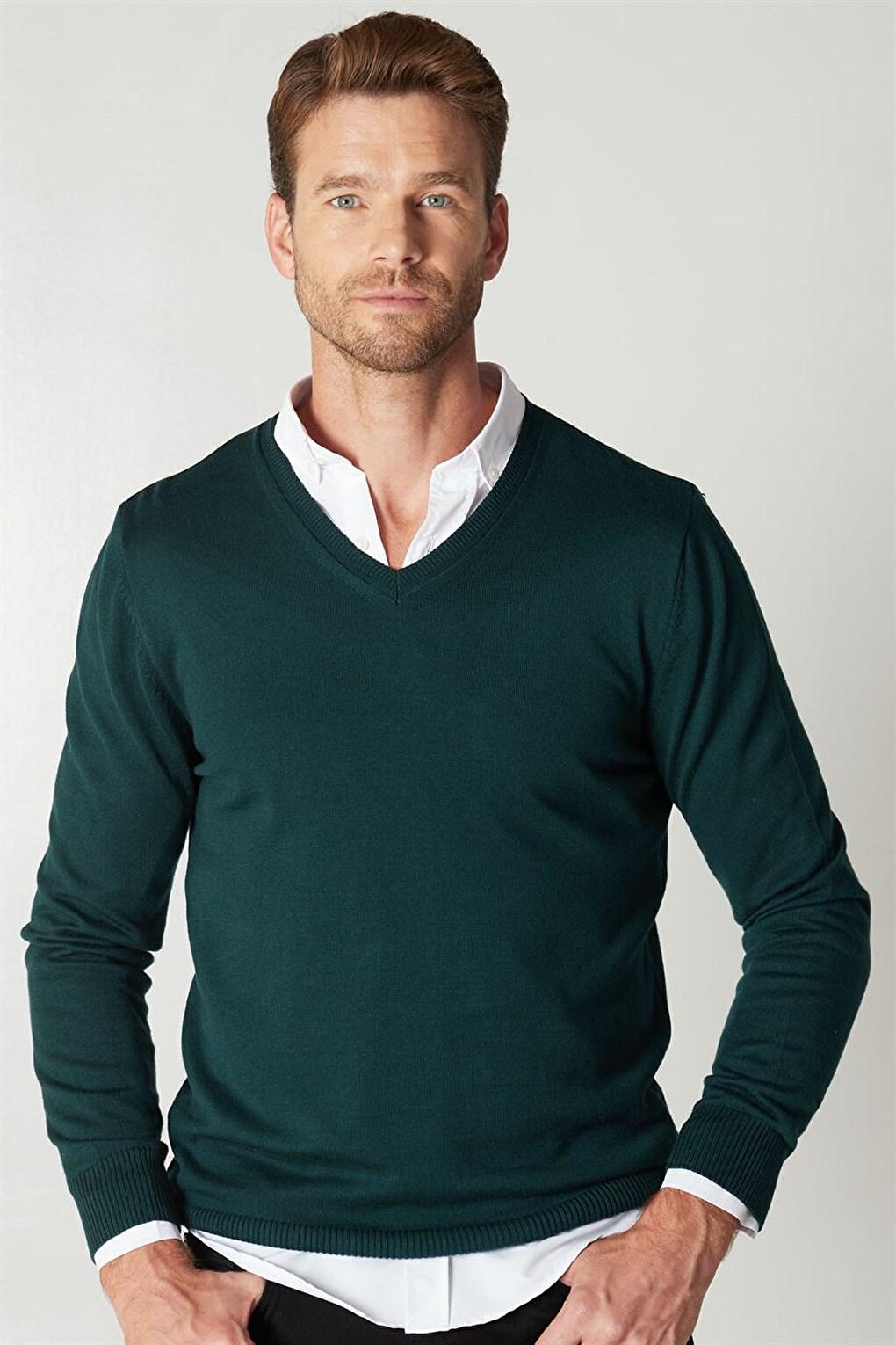 V-Neck Cotton Men's Green Sweater