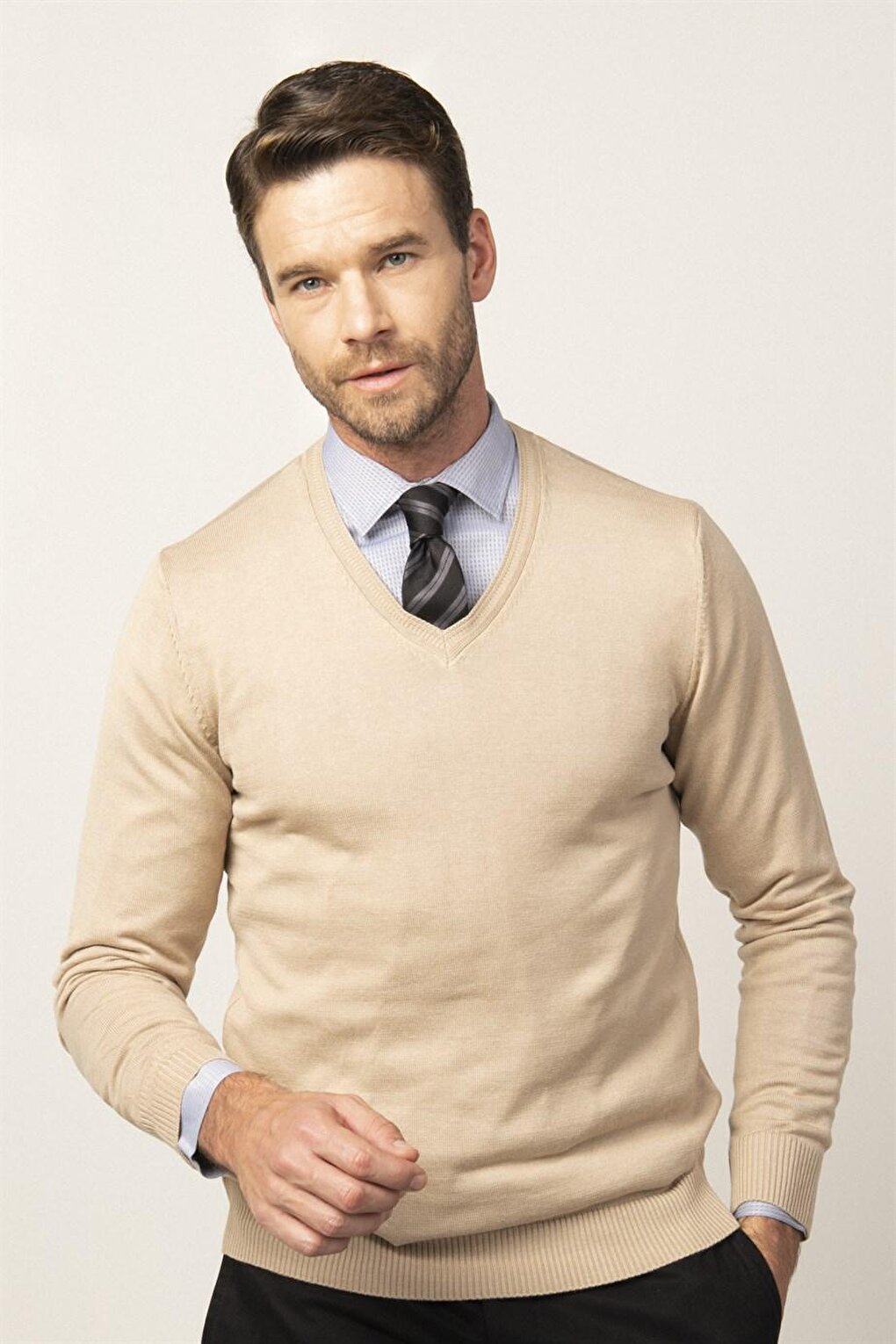 Slim Fit V-Neck Cotton Men's Stone Sweater