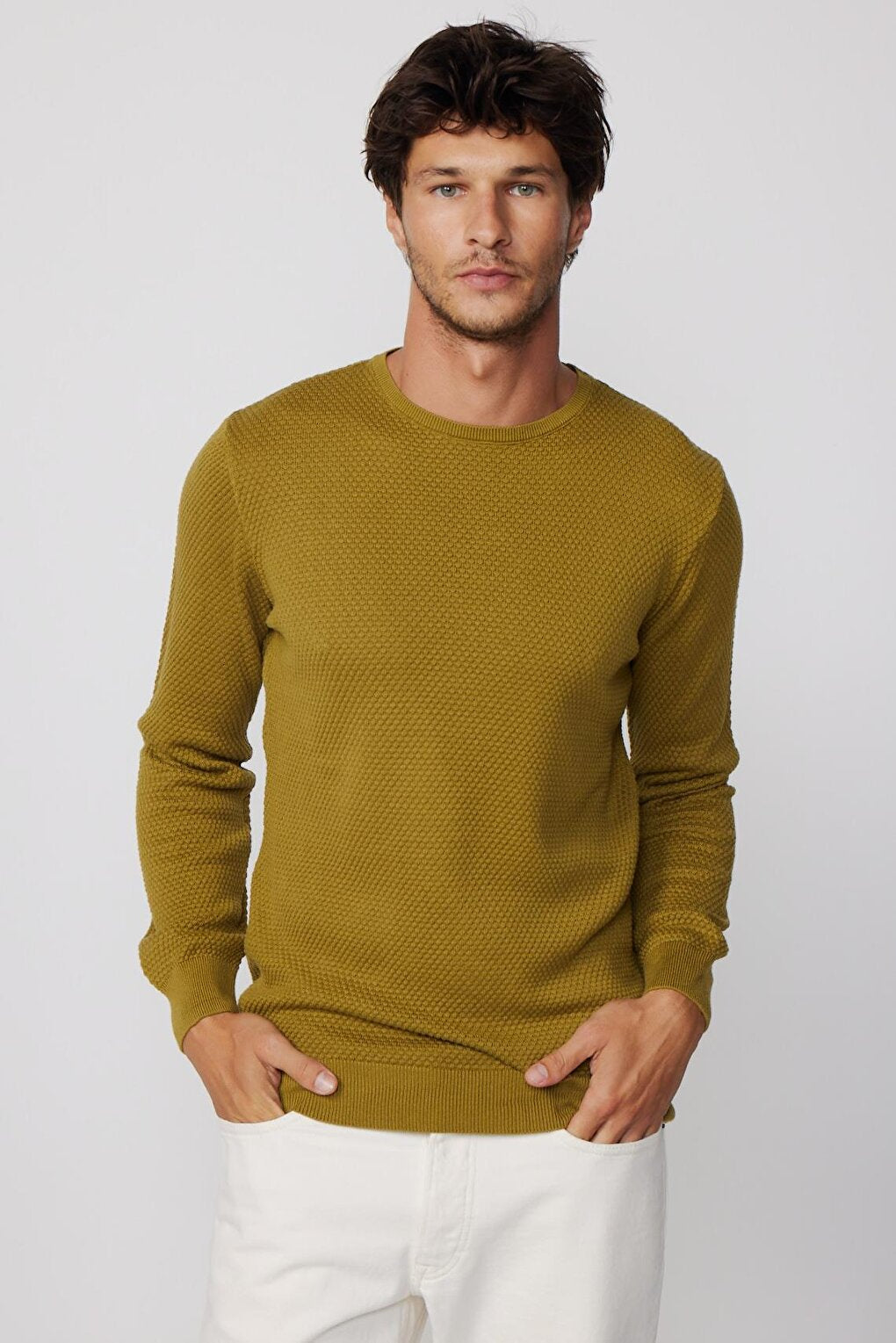 Slim Fit Crew Neck Honeycomb Pattern Green Men's Sweater