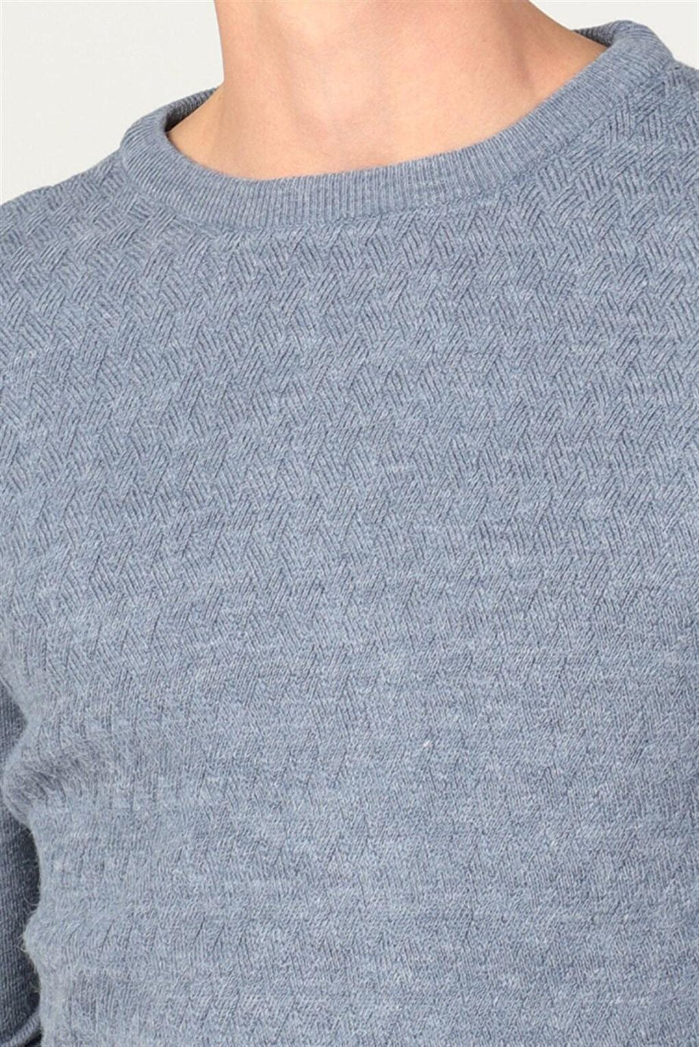 Slim Fit Crew Neck Self-Patterned Men's Indigo Sweater