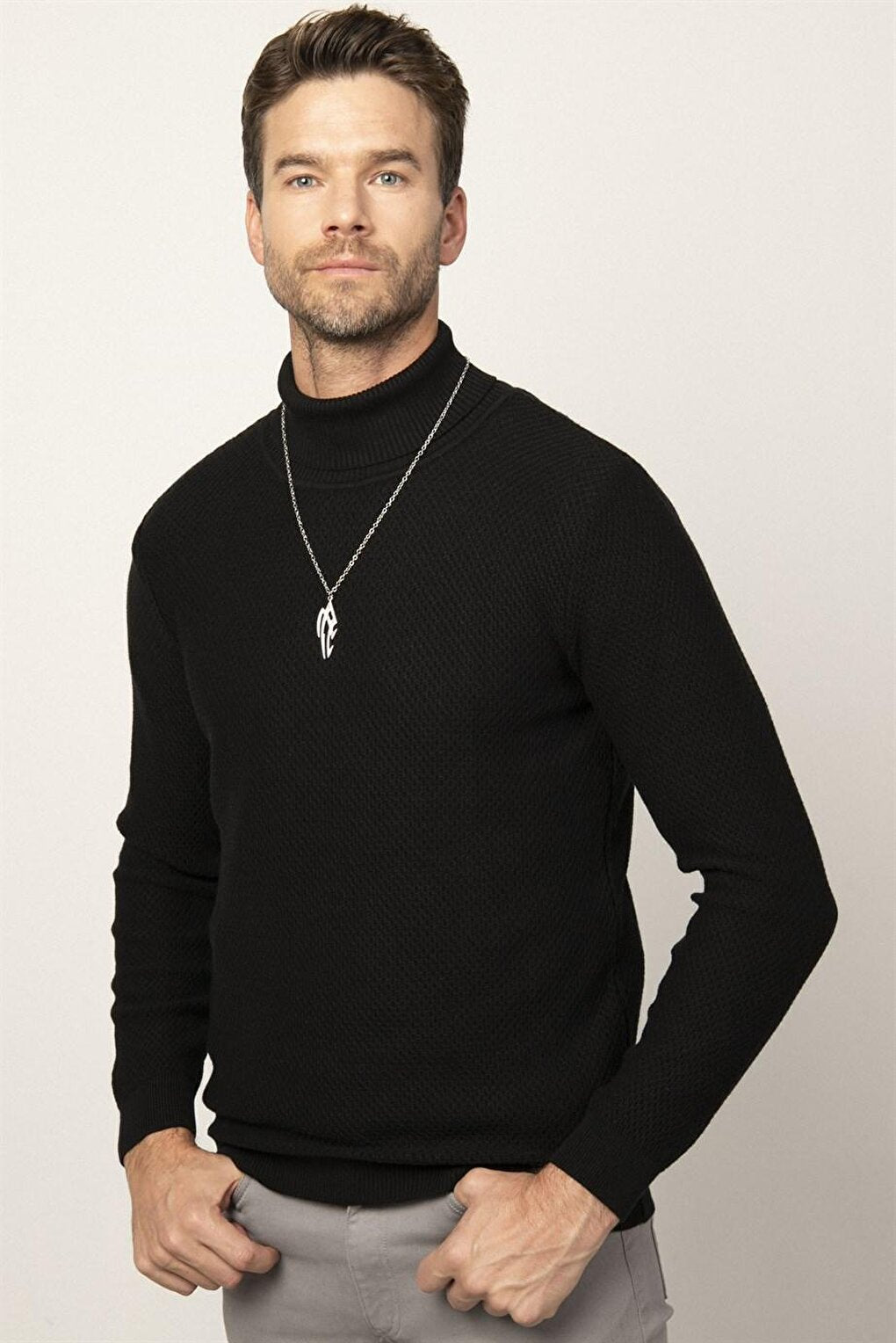 Slim Fit Turtleneck Patterned Men's Black Sweater