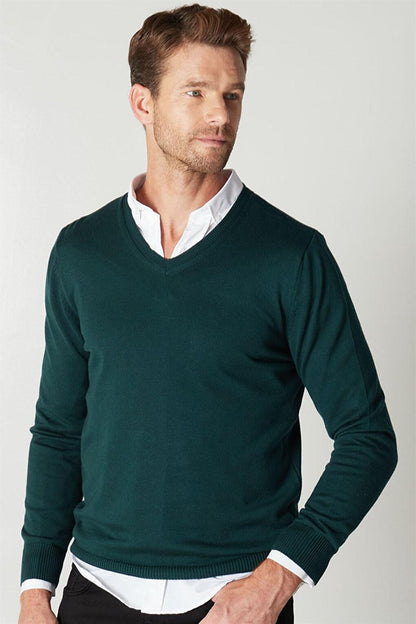 V-Neck Cotton Men's Green Sweater