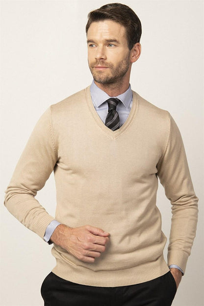 Slim Fit V-Neck Cotton Men's Stone Sweater