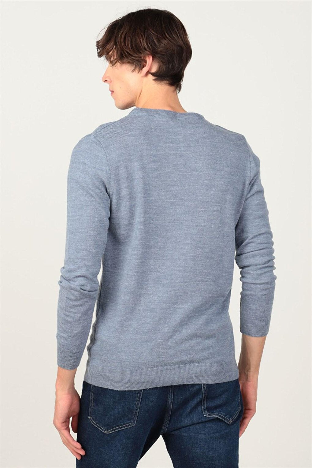 Slim Fit Crew Neck Self-Patterned Men's Indigo Sweater