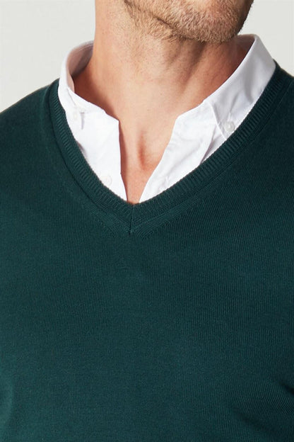 V-Neck Cotton Men's Green Sweater