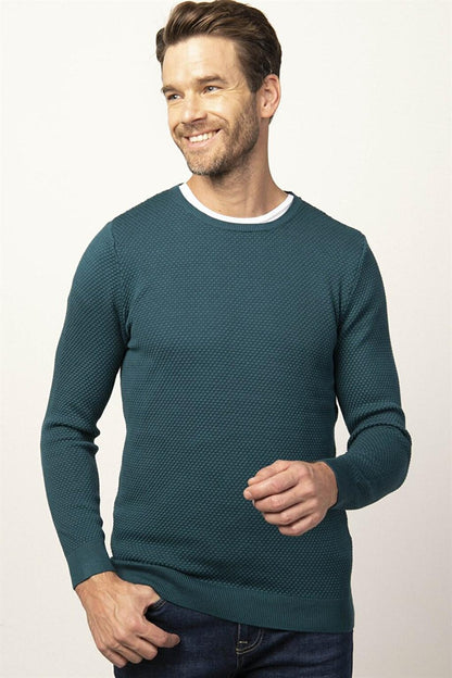 Slim Fit Crew Neck Honeycomb Patterned Men's Green Sweater