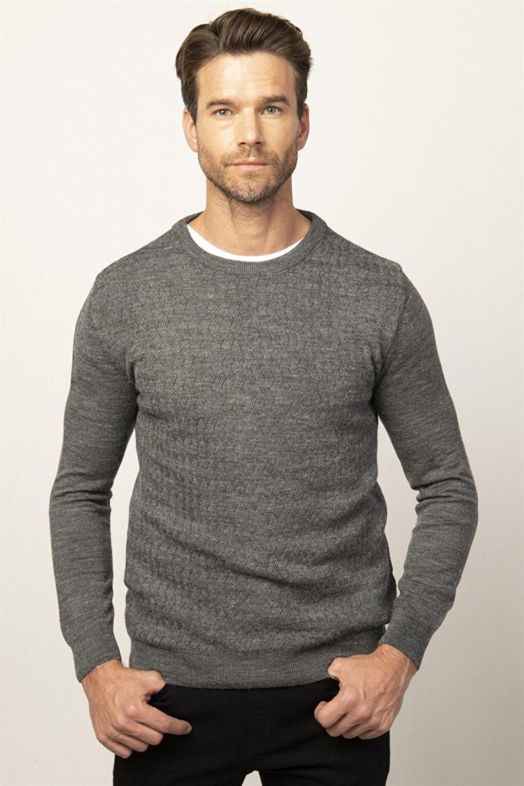 Slim Fit Crew Neck Self-Patterned Men's Gray Sweater