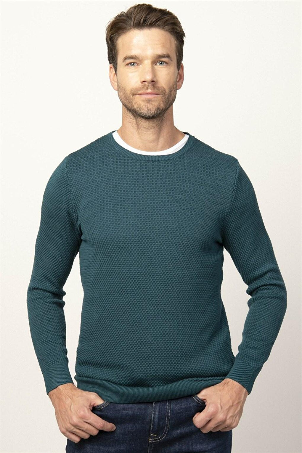 Slim Fit Crew Neck Honeycomb Patterned Men's Green Sweater