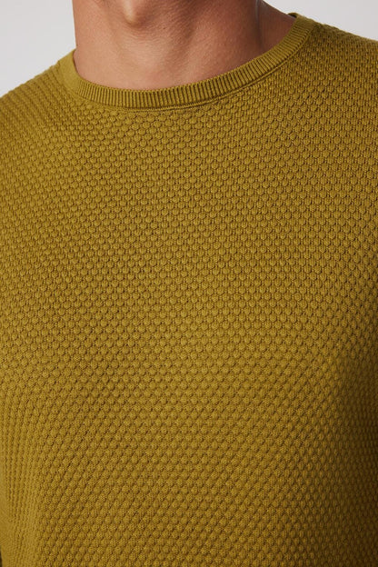 Slim Fit Crew Neck Honeycomb Pattern Green Men's Sweater