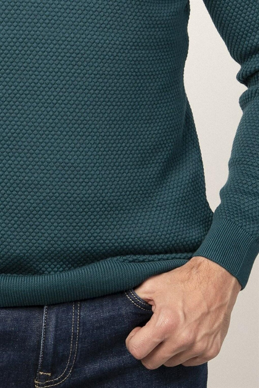 Slim Fit Crew Neck Honeycomb Patterned Men's Green Sweater