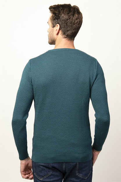 Slim Fit Crew Neck Honeycomb Patterned Men's Green Sweater