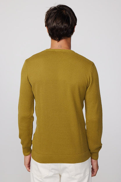 Slim Fit Crew Neck Honeycomb Pattern Green Men's Sweater