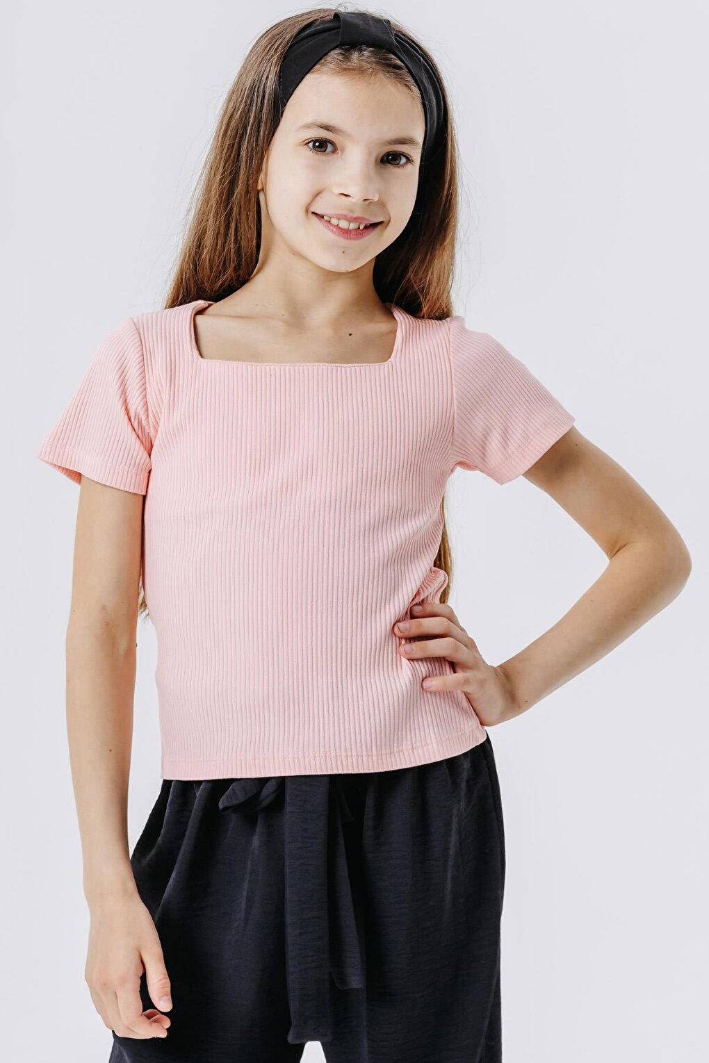 Girl's Crop T-Shirt Corded Square Neck Salmon (Age 9-14)