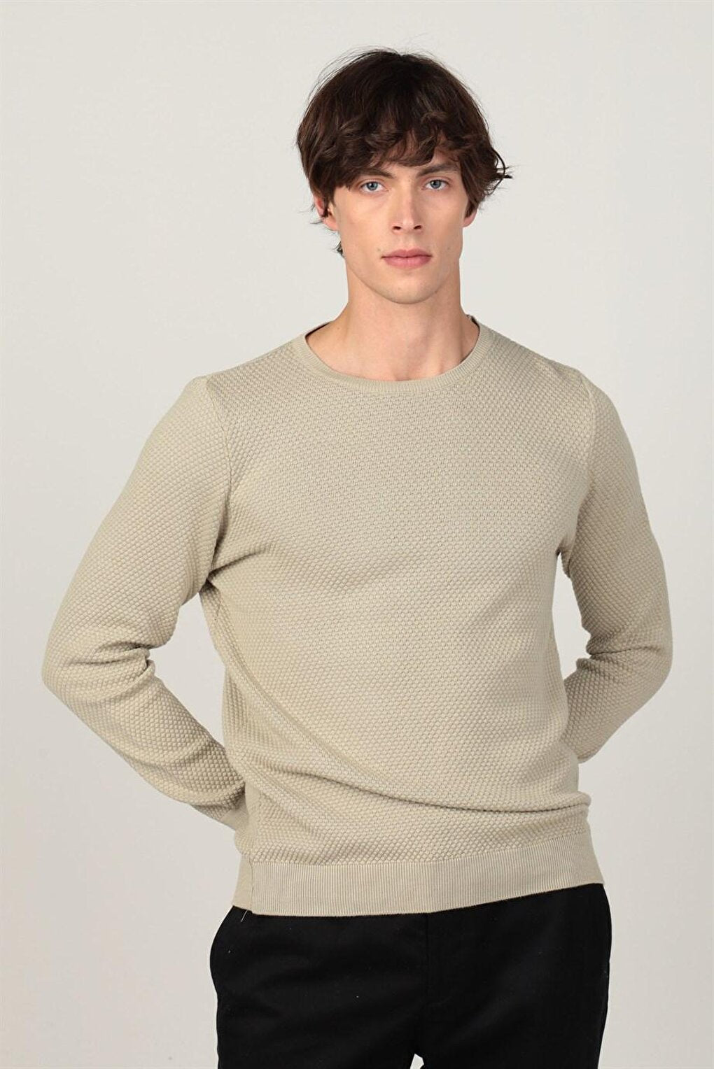 Slim Fit Crew Neck Honeycomb Patterned Men's Stone Sweater