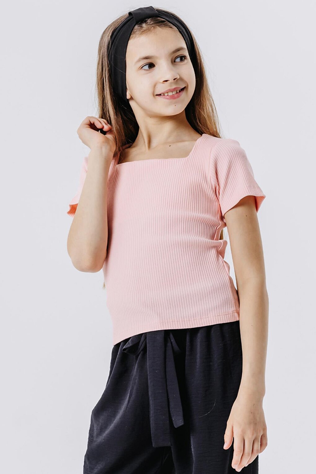 Girl's Crop T-Shirt Corded Square Neck Salmon (Age 9-14)