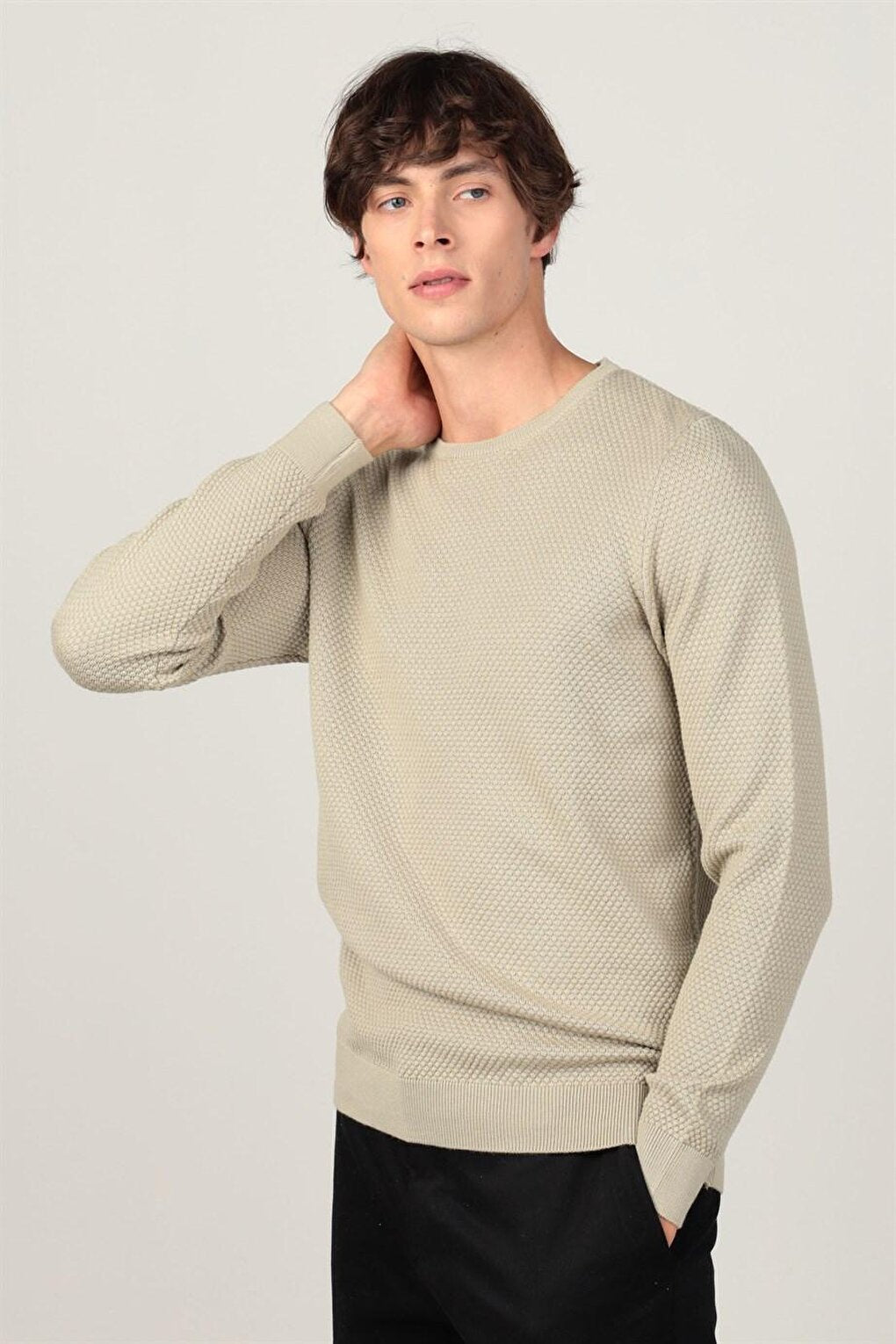 Slim Fit Crew Neck Honeycomb Patterned Men's Stone Sweater