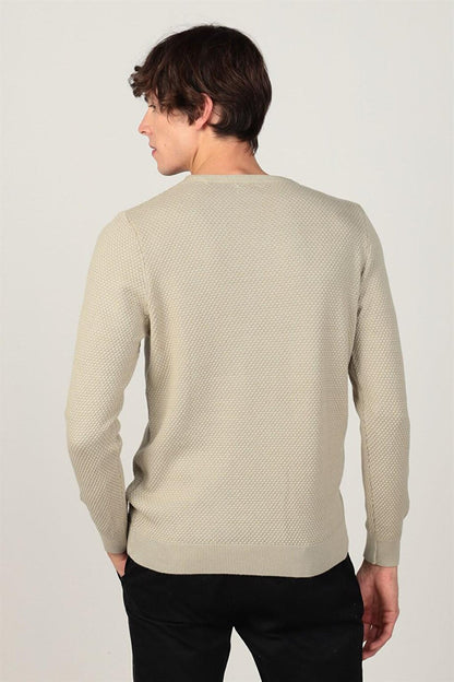 Slim Fit Crew Neck Honeycomb Patterned Men's Stone Sweater