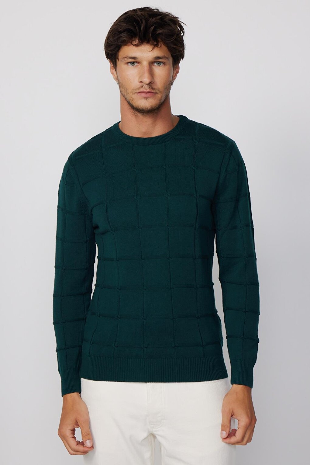 Slim Fit Crew Neck Square Patterned Men's Sweater